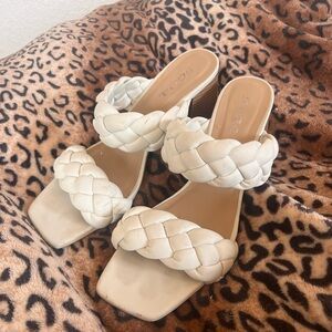 Soda Braided Double-Strap White Block Heel Sandals